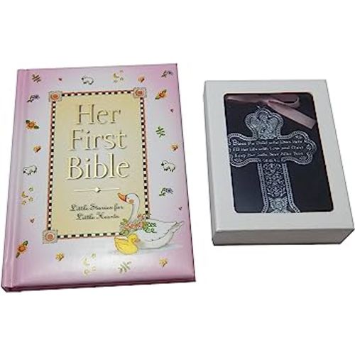 Baby Girl First Bible and 4 Inch Pewter Baptism Guardian Angel Crib Cross