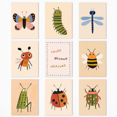 9pcs Insects Canvas Wall Art, Moth Butterfly Poster for Boys Room, Dragonfly Ladybug and Bees Picture, Bugs Beetle Painting, Affirmations Quote Loved Beyond Measure for Kids Bedroom 8x12in Unframed