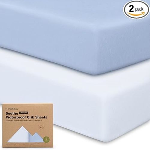 2-Pack Waterproof Crib Sheets for Boys, Girls - 52x28 Fitted Organic Cotton Baby Crib Sheets, Toddler Mattress Protector Cover, Washable, Soft & Durable Baby Bedding Essentials (Blue Flax)