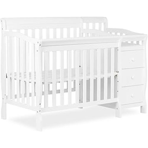 Dream On Me Jayden 4‑in‑1 Mini Convertible Baby Crib & Changer with Storage in White, Pinewood, GreenGuard Gold & JPMA, 1” Mattress Pad, 3 Mattress Heights, Converts to Mini Day & Twin-Size Bed