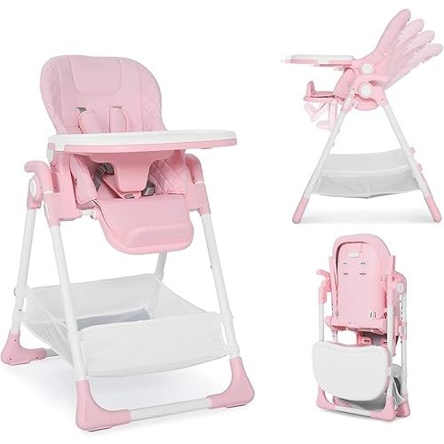 3 in 1 Foldable Baby High Chair, Infant High Chairs for Babies and Toddlers, 6 Height & 4 Recline Adjustable Toddler Feeding Chair, 2 Built-in Wheels, Large Storage Space, Pink