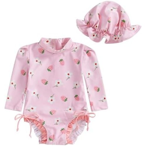 pengnight Toddler Baby Girl Swimsuit One-Piece Long Sleeve Ruffle Floral Print Rash Guard Zipper Bathing Suit