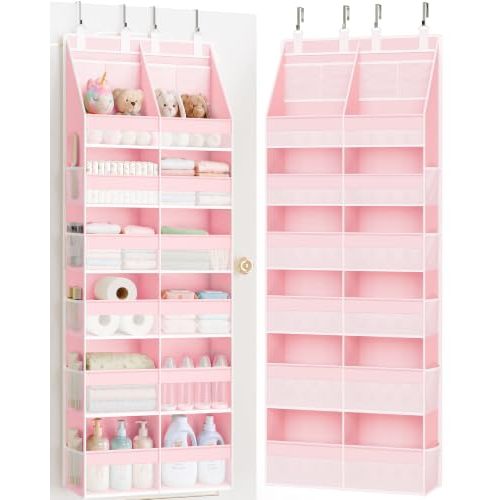 Criusia Over the Door Organizer, Extra Large 12 Compartments Closet Hanging Storage with 14 Mesh Pockets, 85lbs Capacity Behind the Door Storage for Baby Nursery, Bathroom, Bedroom, and Dorm, Pink