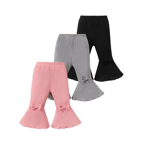 Mioglrie Baby Girl Pants Toddler Leggings 3 Pack Flare Newborn Baby Pants 3 6 9 12 18 24 Months Bell Bottoms for Girls