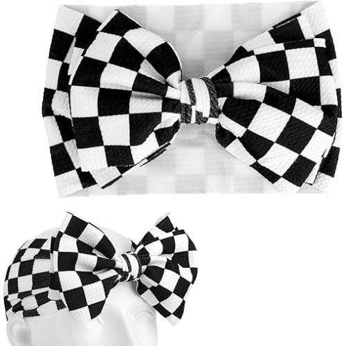 Baby Girl Checkered Headband, 7in/19cm Black and White Checkered Infants Headband Bows Racing Bowknot Themed Baby Hair Accessories Stretchy Soft Wrap for Newborn Infants Toddlers