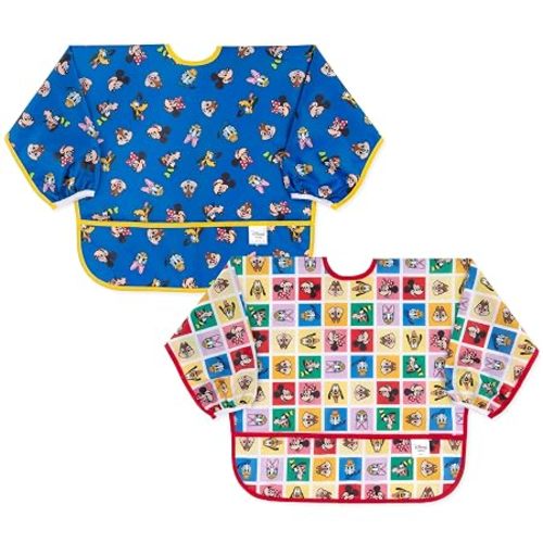 Bumkins Disney Sleeved Baby Bib – Long Sleeve Waterproof Fabric Feeding Smock with Crumb Catcher Pocket, Adjustable Toddler Apron for Baby Led Weaning, for Ages 6–24 Months, Mickey and Friends 2-pack