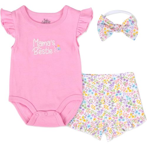 Baby Essentials Baby Girl 3 Piece Outfit Set – “Mama's Bestie” 3 Piece Set with Bodysuit, Shorts & Headband – Summer Clothes Gift Set (6 months)