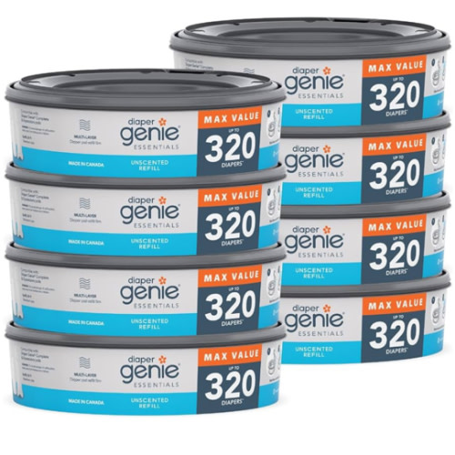 Diaper Genie Essentials Round Refill 8-Pack | Holds Up to 2560 Newborn Diapers | Features Unscented Continuous Film | Compatible with Diaper Genie Complete and Expressions Pails,8 Count (Pack of 1)