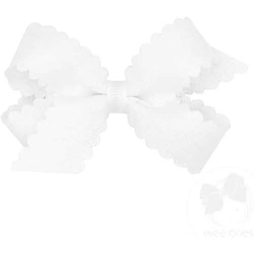Wee Ones Girls' Classic Grosgrain Hair Bow with Scalloped Edges and Plain Wrap Center on a WeeStay Hair Clip, Mini, White
