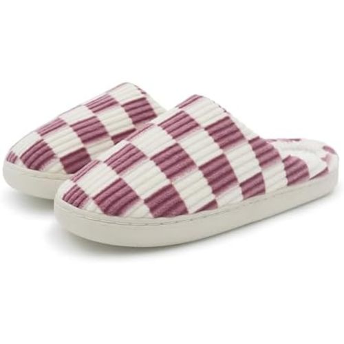Women Home Fuzzy Slippers - Memory Foam Checkered Plaid Scuff Non-Slip Indoor Outdoor Comfortable Casual Soft Slides