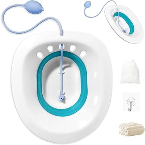 Sitz Bath, Suitable for Hemorrhoid, Postoperative Recovery, Pregnant, Sitz Bath for Toilet, Suitable for Most Toilet, New Foldable Sitz Bath with Hook/Storage Bag/Towel