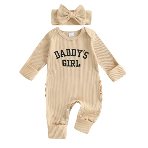 FIOMVA Im New Here Newborn Outfit Girl Long Sleeve Letter Romper Ribbed Knit Jumpsuit Baby Girl Preemie Coming Home Outfit