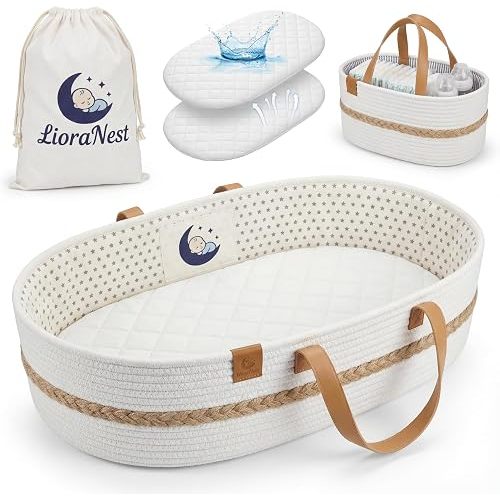 Baby Changing Basket for Dresser with Waterproof Changing Pad, Organic Cotton Rope Diaper Changing Basket Set with Diaper Caddy, Moses Basket Style Nursery Changing Basket for Changing Table