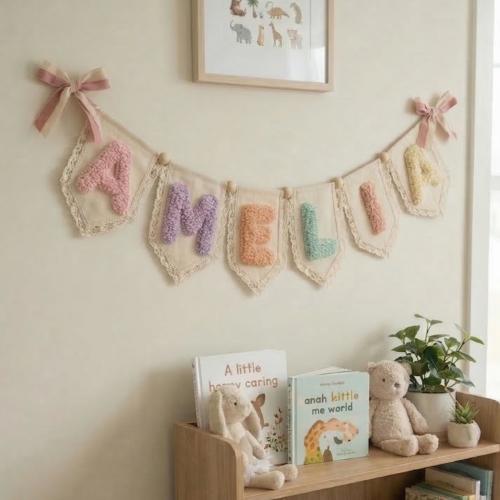 Personalized Baby Name Banner – Handmade Canvas Bunting, Custom Nursery Name Sign, Kids Room Decor