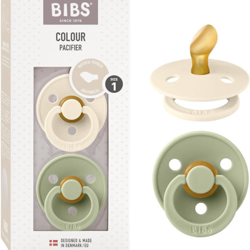 BIBS Pacifiers - Set of 2 | Colour Pacifier with Anatomical Nipple | BPA-Free Natural Rubber | Made in Denmark | Ivory / Sage, 0-6 Months