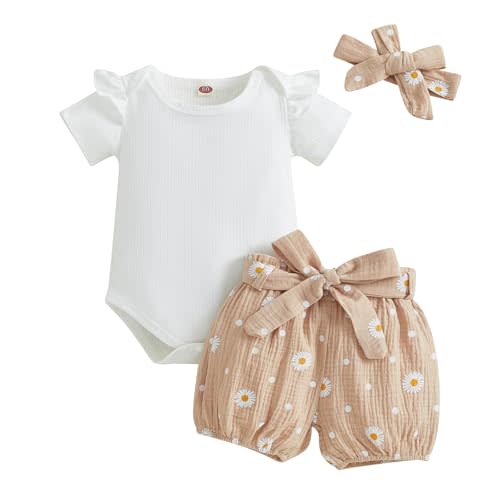 Kaipiclos Newborn Infant Girl Clothes Rib Knit Romper Daisy Print Shorts Headband Baby Summer Clothes 0 3 6 12 18 24 Months