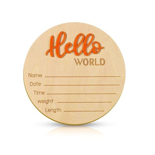 Baby Announcement Sign, 5.9 Inch Wooden Hello World Newborn Welcome Sign Birth Baby Name Plaques for Photo Props Baby Shower Hospital Nursery (Orange)