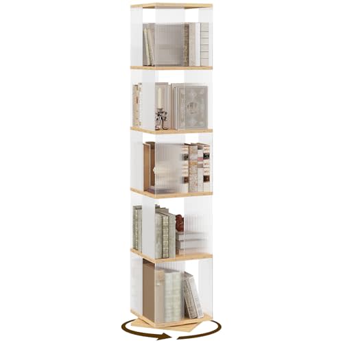 YATINEY 5-Tier Rotating Bookshelf, 360 Spinning Corner Bookcase Tower, Freestanding Industrial Book Shelf Tower with Clear Acrylic Sides, for Bedroom, Living Room, Office, Square, Natural SJ13WN