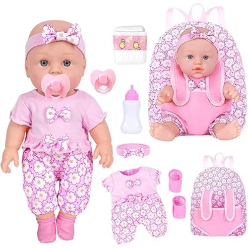 12 Inch Baby Dolls with Backpack Carrier Can Store Doll Clothes and Accessories,12" Reborn Baby Doll Set in Gift Box with Feeding Bottle Nipple Diaper for Kids Toddler Age 3+