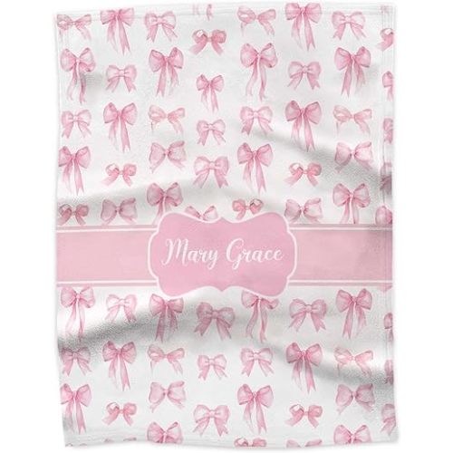 Personalized Baby Blanket with Name – Custom Pink Bow Fleece Blanket for Girls, Soft Newborn Gift, Baby Shower Keepsake, Nursery Bedding, Gift for New Mom