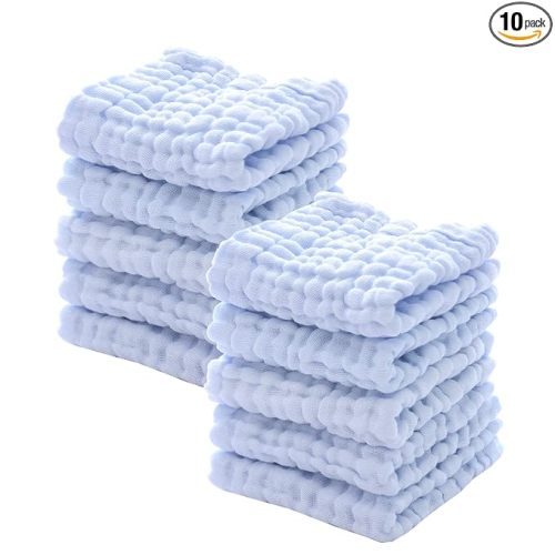MUKIN Baby Washcloths - Natural Cotton Baby Wipes - Soft Newborn Face Towel for Sensitive Skin - 10 Pack, 12x12 inches