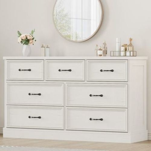 Modern 7 Drawer Dresser for Bedroom, 55" Wide 7 Chest of Drawers with Anti-tip Design, White Wooden Storage Closet for Living Room Nursery