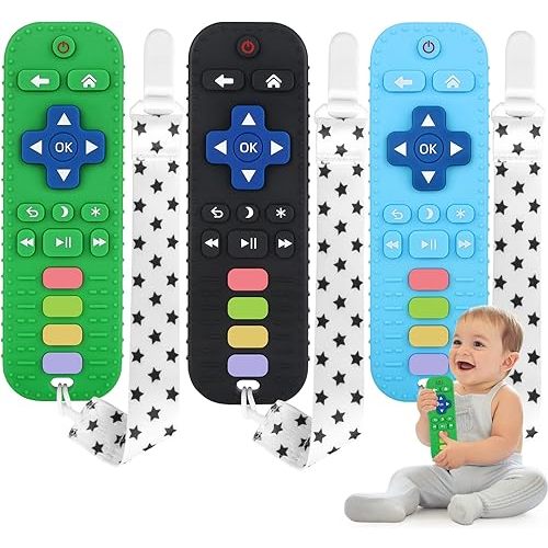 Fu Store 3 Pack Silicone Teething Toys for Infant Toddlers Remote Control Shape Teethers for Babies Chew Toys, Relief Soothe Babies Gums Set, BPA Free Freezable Dishwasher and Refrigerator Safe