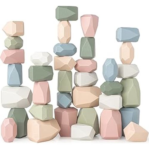 Comfy Cubs Stacking Rocks 36 Pieces, 36 Months, Educational Wooden Stacking Toy Set, Promotes Imagination, Balance and Fine Motor Skills - Giftable Building Blocks Toddler Activities, Neutral Pack
