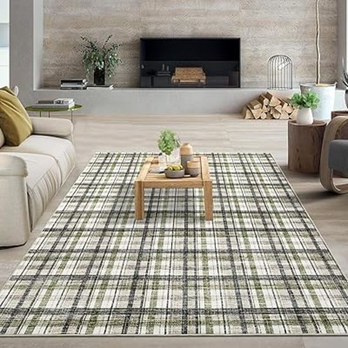 Washable Rug 5x7 Area Rug for Living Room Modern Non Slip Throw Rugs Farmhouse Bedroom Rugs Low Pile Soft Non Shedding Stain Resistant Carpet for Dining Room Nursery 5'x7' Green&Taupe