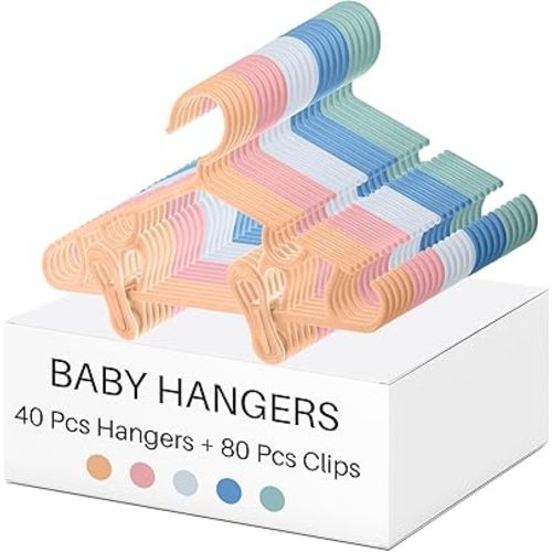 Hsei Nursery Hangers with Clips for Kids Baby Pants Hangers 10/20/40 Newborn Plastic Hanger with 20/40/80 Clip for Closet Toddler Clothes Coat Skirts Socks(Morandi Color,120 Packs)