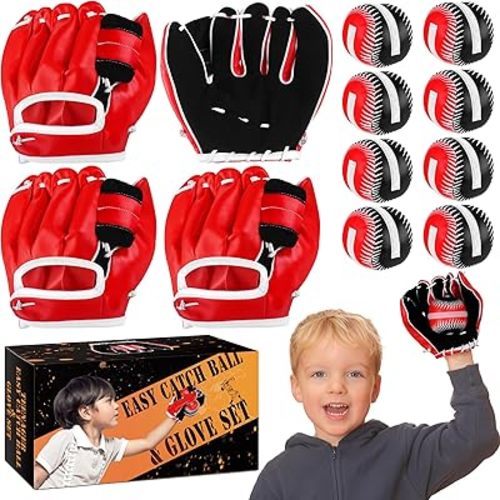 Aodaer 4 Pack T Ball Sets Teenager Easy Catch Ball & Glove Set 4 Youth Teeball Gloves 8 Balls Synthetic Leather Glove and Baseball for Yard Lawn Game, Catch Game, Baseball Play, Black and Red