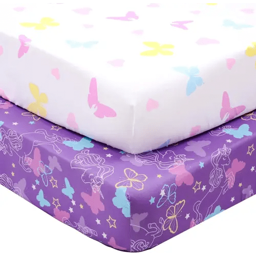 UOMNY Crib Sheet Set for Girls,Butterfly Fitted Crib Sheets Baby Sheet Set for Standard Crib and Toddler mattresses Nursery Bedding Sheet for Girls 2 Pack Pink,Purple Pattern