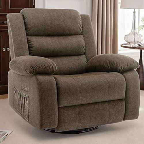 Power Recliner Chair, Electric Rocker Recliner with Massage and Heat, 270° Swivel Glider, Oversized Wide Seat with USB Port, Cashmere Nursery Chair for Living Room, Brown