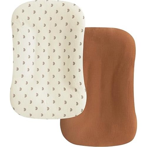 habibee Muslin Baby Lounger Cover 2 Pack, Cotton Baby Lounger Pillow Cover for Newborn, Organic Infant Lounger Cover for Boys and Girls, Rainbow&Brown