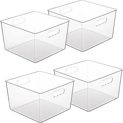 Vtopmart 4 Pack Extra Large Clear Plastic Storage Bins,11x11 Cube Acrylic Organizer Square Containers with Handle for Pantry,Closet,LaundryRoom,Kitchen,Bathroom,UnderSink Organization