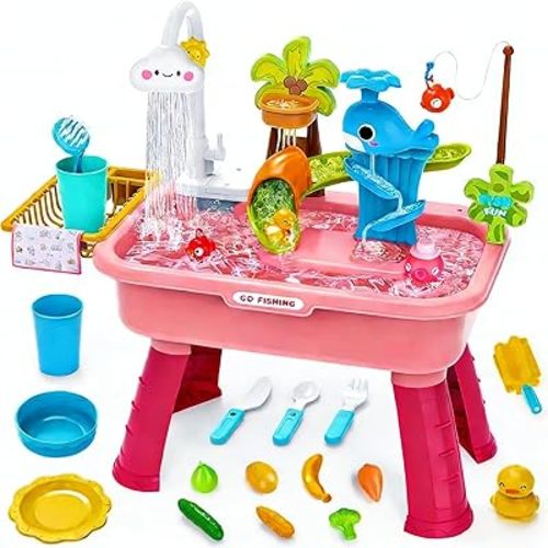 Ploomi Upgraded Toddler Sand Water Table Toy with Electric Water Pump, Kids Sand Water with Faucet/Play Food Accessories/Fishing Toy, Kitchen Play Sink Toys for Girl Boy Age 3+ (Pink)