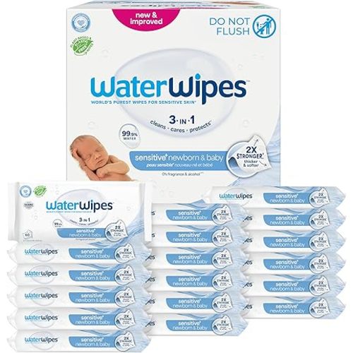 WaterWipes Sensitive+ Newborn & Baby Wipes, 3-In-1 Cleans, Cares, Protects, 99.9% Water, Unscented & Hypoallergenic, 720 Count (12 Packs)