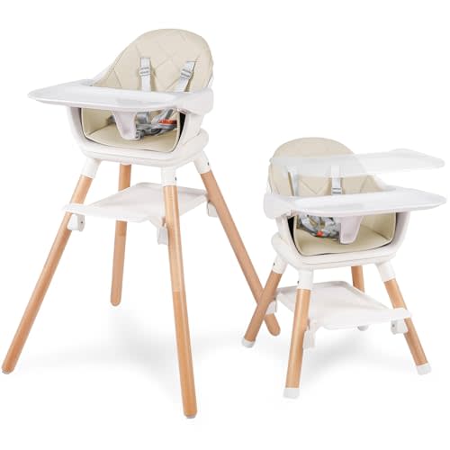 6 in 1 Baby High Chair, Convertible Wooden High Chairs/Booster Seat for Babies and Toddlers, Baby Feeding Chair with 5-Point Harness/Double Removable Tray & Adjustable Footrest (Beige)