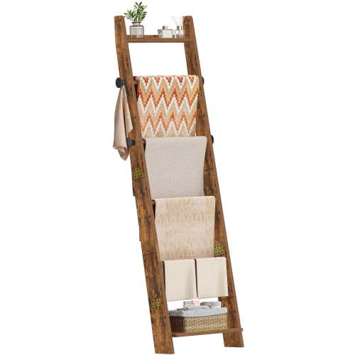 6-Tier Blanket Ladder, Wooden Blanket Display Rack with 4 Removable Hooks, Blanket Ladder Shelf for Living Room and Bedroom, Rustic Brown