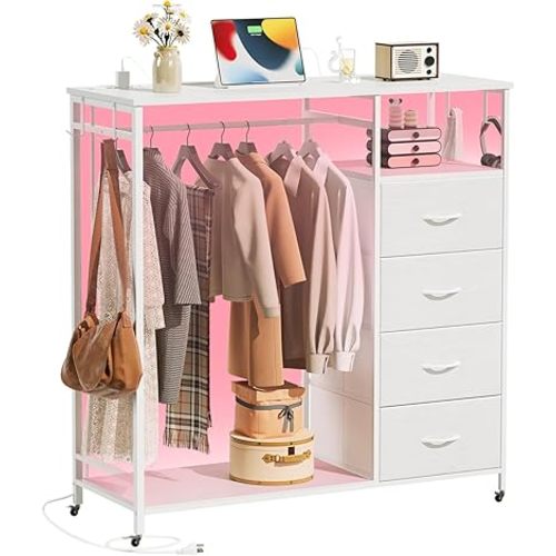 Somdot White Dresser for Bedroom with Hanging Rack LED Lights and Charging Station, 4 Drawers Dresser with Clothes Rack, Tall Storage Chest of Drawers for Closet Hallway Living Room Nursery