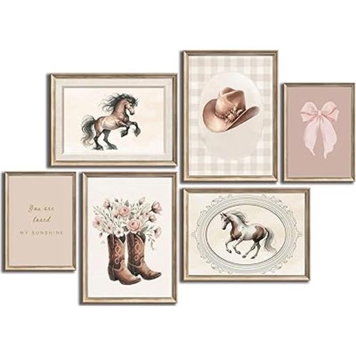 YKVDOROK 6Pcs Cowgirl Nursery Wall Art Coquette Western Girl Poster Rustic Cowgirl Wall Decor Girl Boots Hat Pictures Prints Pink Vintage Horse Canvas Painting for College Style Dorm Decor Unframed
