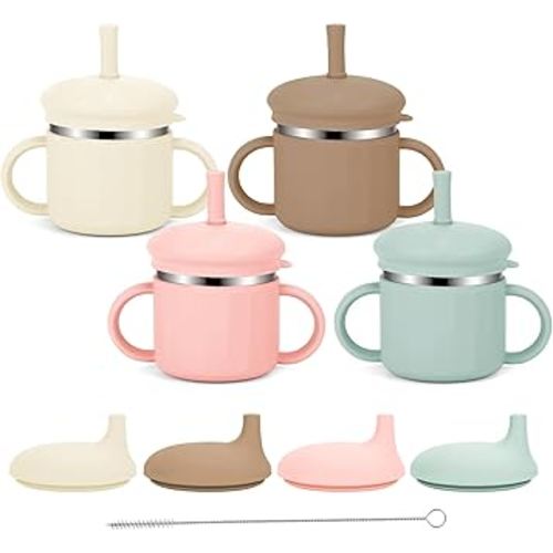 Upgrade Stainless Steel Baby Sippy Cups, 7.4 Oz Spill Proof Toddler Straw Cups, 3 Stages Training Cup for Toddlers 1-3 Year, Kid Cups with Silicone Sheel and Straws, 4 Colors (Pink+Green+Beige+Brown)