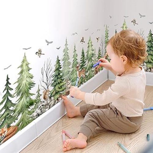 LiveGallery Removable Forest Tree Wall Decal, Woodland Wildlife Mural Wall Sticker, Peel and Stick Pine Tree Animals Decor for Kids Room, Boy Girl Bedroom, Classroom, Nursery, Living Room (Forest)