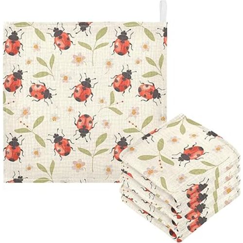 Bolaz Washcloths Set Bathroom Kitchen Wash Cloths Face Towels Wipes Lady Bugs Off-White Decorative 12x12 Inch 5 Pack