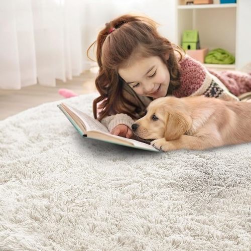 OLANLY Ivory Round Rugs for Bedroom - Machine Washable, 8 ft Circle Area Rugs for Living Room, Soft and Fluffy Shaggy Carpet for Teen Girls and Boys, Nursery Rooms, Dorms, Home Decor Aesthetic