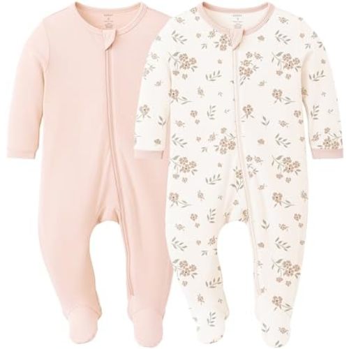 Konssy Baby Girl Sleepers, Rayon Made from Bamboo Zipper Closure Footed Sleepers 2-Pack Baby Pajamas