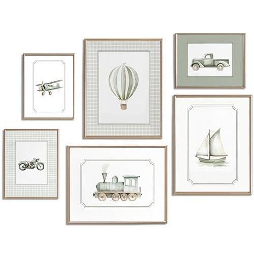 Set of 6 Sage Green Nursery Wall Art Boys Room Canvas Poster Kids Wall Decor Vintage Vehicle Prints Baby Toddler Pictures Transportation Plane Train Painting Artwork for Bedroom 8"x10" Unframed