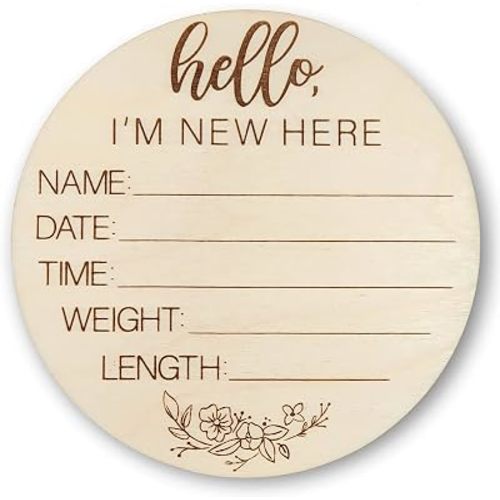 Wooden Newborn Welcome Sign - Hello I’m New Here Baby Name Sign - Round Baby Announcement Sign for Hospitals - Infant Arrival Stat Sign - 4.75 Inches Long & Wide with 3mm Thickness