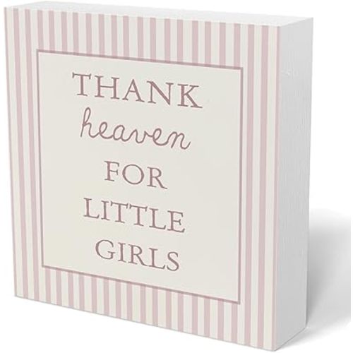 Girls Nursery Wooden Box Sign Decor,Thank Heaven for Little Girls Decorations Wood Block Signs, Retro Pink Wood Sign for Toddler Little Girl Nursery Room Desk Shelf Wall Decor 5x5 Inch