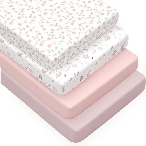 4 Pack Crib Sheets for Girls – Fitted Crib Sheets for Standard Crib Mattress and Toddler Mattress, Ultra Soft Breathable Washable Polyester, 28x52inch, Light Pink & Star